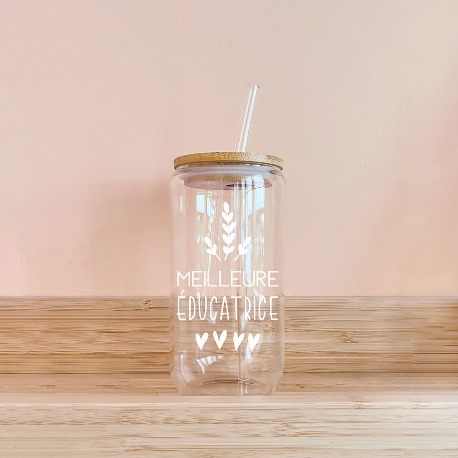 MÖMY Verre Boho - Collection Éducatrice Maison MÖMY Meilleure éducatrice - Fougère et coeurs blancs
