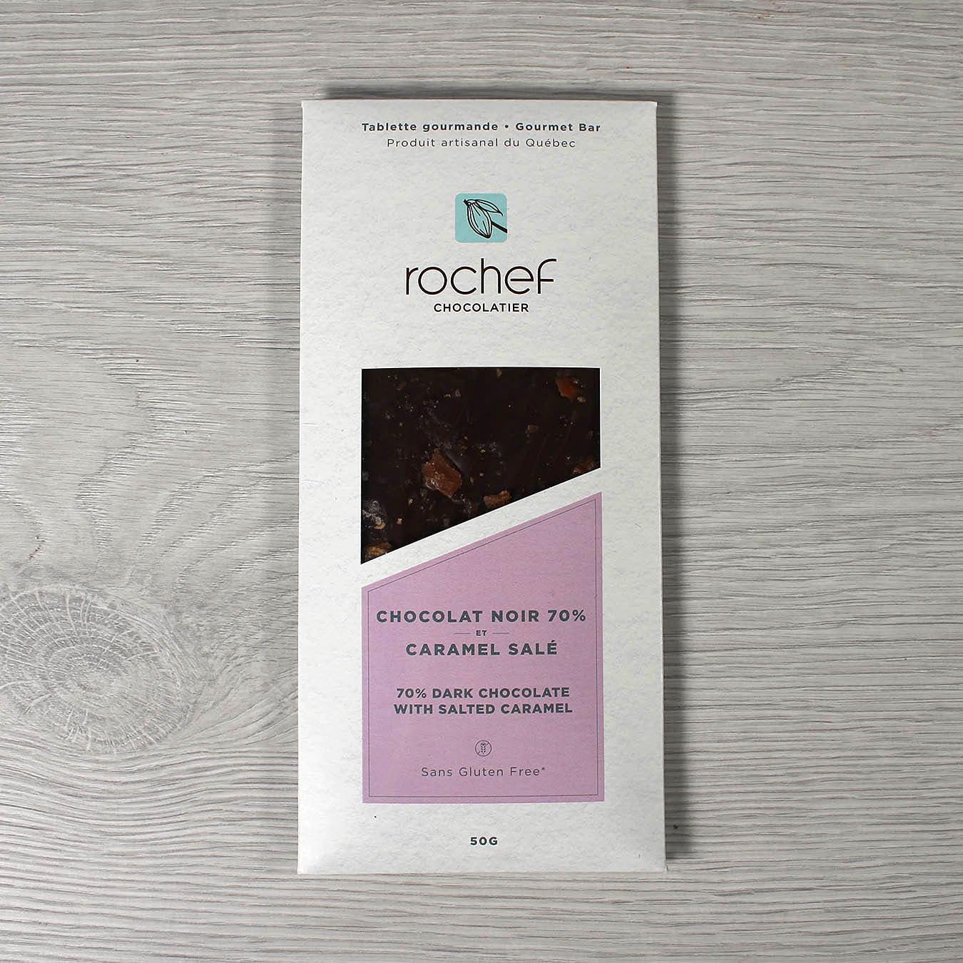 Rochef Chocolatier Tablette de chocolat noir 70% et caramel salé 50g Gourmandise Rochef Chocolatier